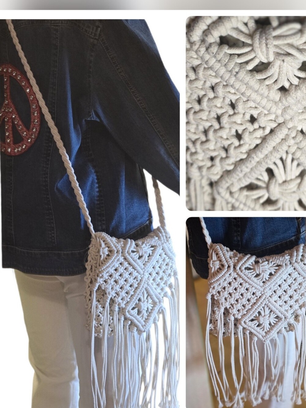 Boho Festival Fringe Crochet Cream  Macrame Crossbody Bag EUC